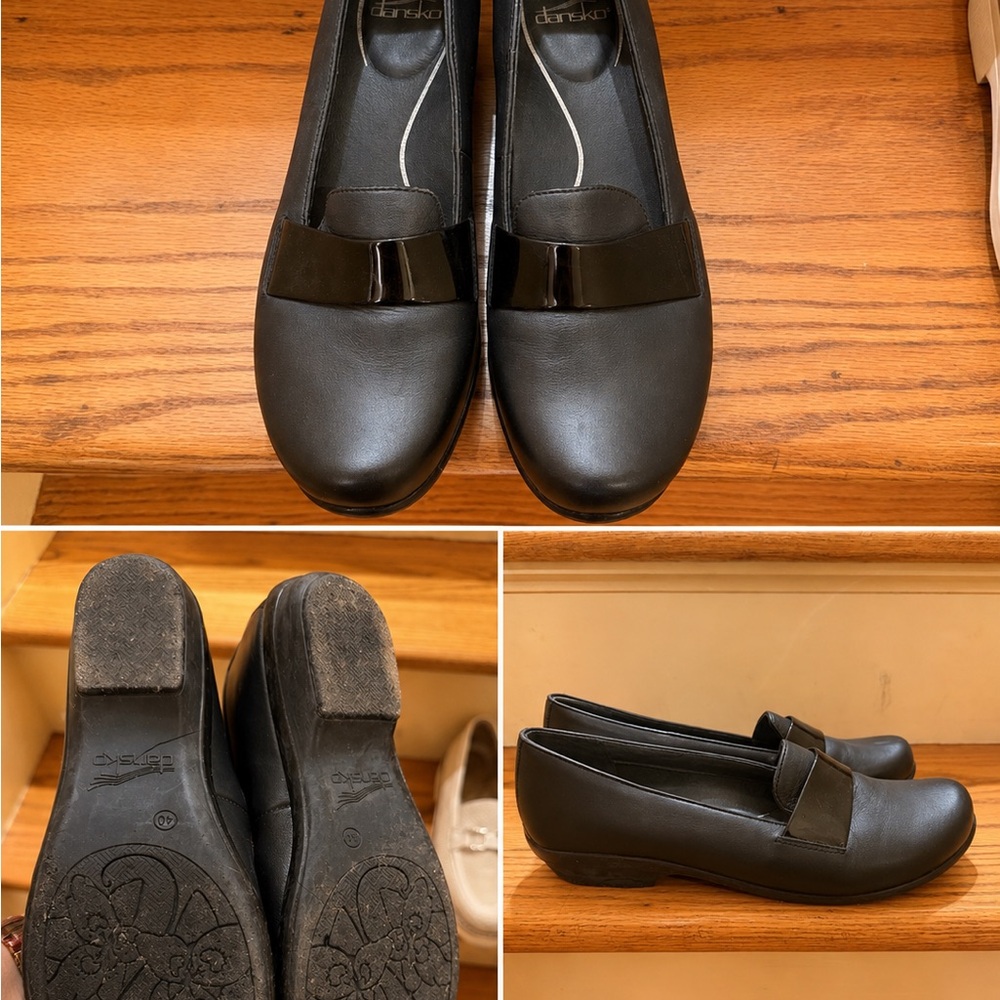 Dansko Black Leather Slip-On Loafers with Patent Strap